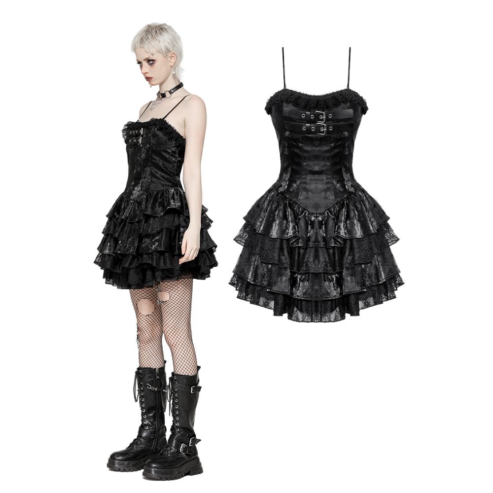 Dark in Love - Punk Shiny PU Leather Layered Korte jurk - Zwart